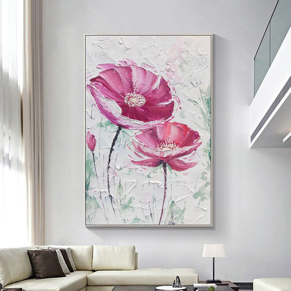 Hand painted Large Abstract Original Palette Knife Flower Oil Painting On Canvas Pink White Flower Living room Wall Decor Texture frame painting