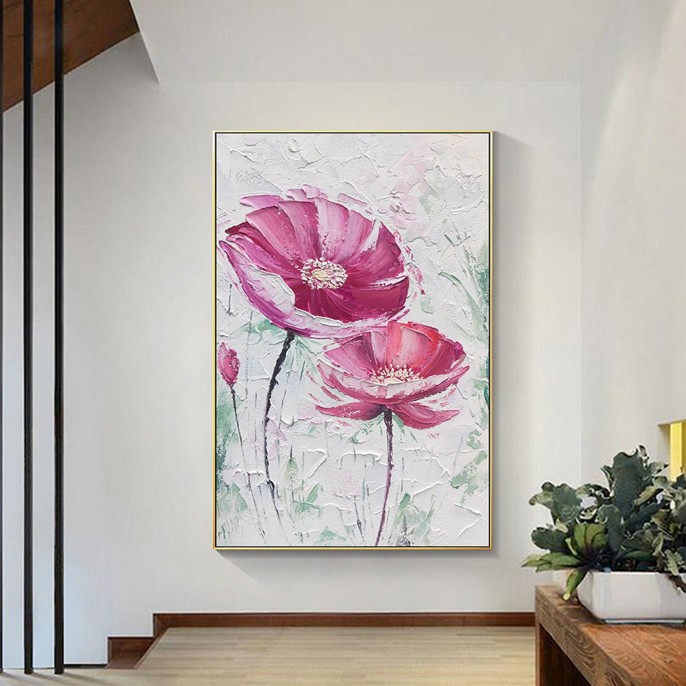 Hand painted Large Abstract Original Palette Knife Flower Oil Painting On Canvas Pink White Flower Living room Wall Decor Texture frame painting