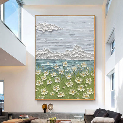 Hand Painted Oil Painting Abstract Art Small White Flower Ocean Landscape Painting Nursery Decor Kids Wall Art Textured Art Palette Knife painting