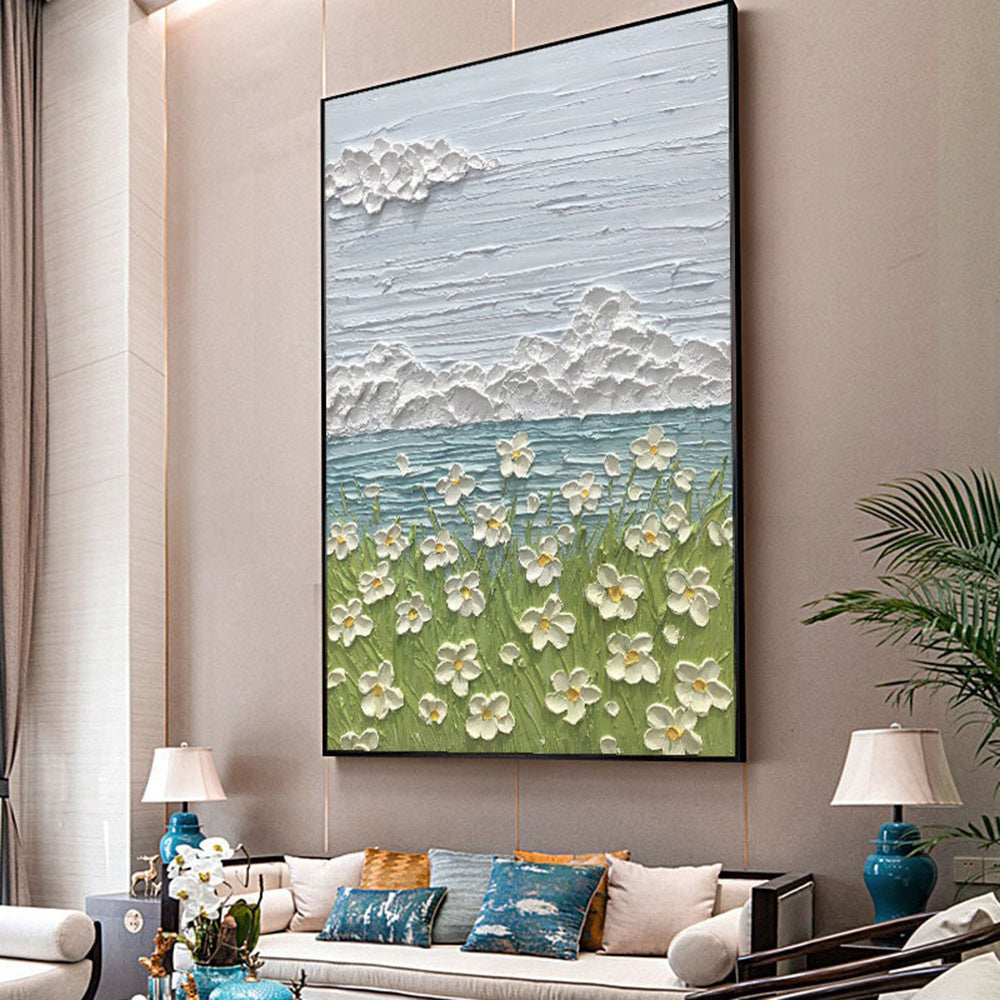 Hand Painted Oil Painting Abstract Art Small White Flower Ocean Landscape Painting Nursery Decor Kids Wall Art Textured Art Palette Knife painting