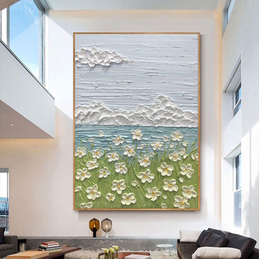 Hand Painted Oil Painting Abstract Art Small White Flower Ocean Landscape Painting Nursery Decor Kids Wall Art Textured Art Palette Knife painting