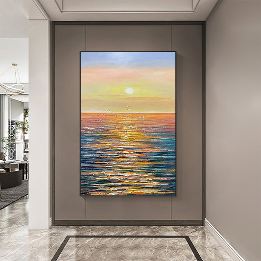 Hand Painted Oil Painting Large Sunset Seascape Oil Painting on Canvas Original Abstract Yellow Beach Landscape Painting Textured Wall Art Living Room Home Decor