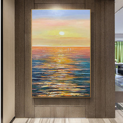 Hand Painted Oil Painting Large Sunset Seascape Oil Painting on Canvas Original Abstract Yellow Beach Landscape Painting Textured Wall Art Living Room Home Decor