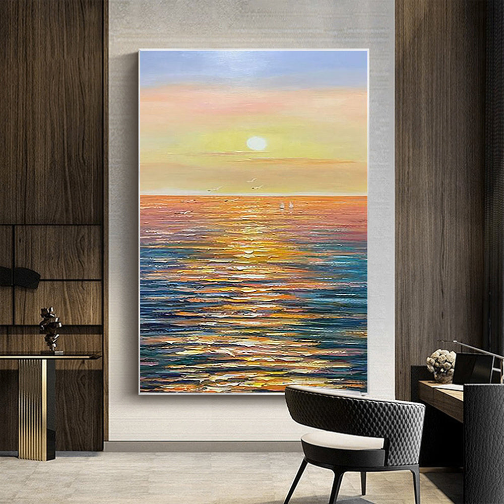 Hand Painted Oil Painting Large Sunset Seascape Oil Painting on Canvas Original Abstract Yellow Beach Landscape Painting Textured Wall Art Living Room Home Decor