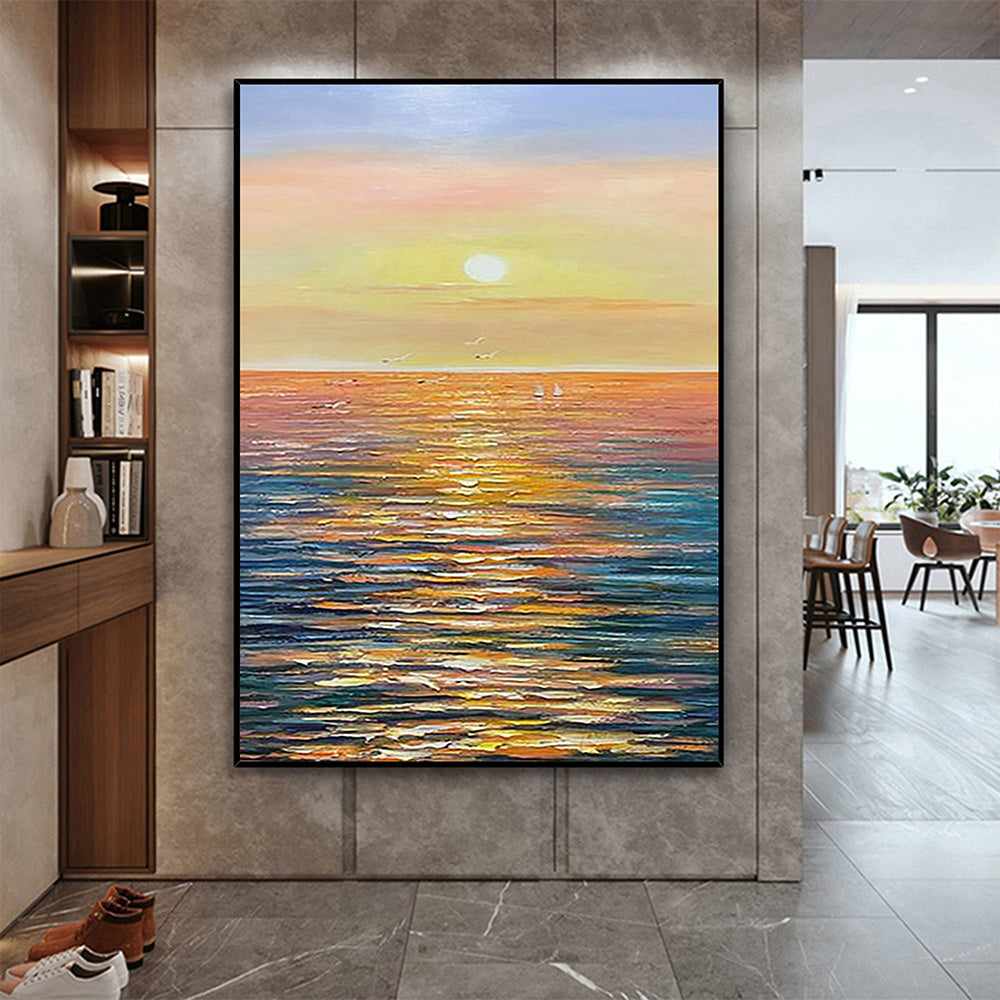 Hand Painted Oil Painting Large Sunset Seascape Oil Painting on Canvas Original Abstract Yellow Beach Landscape Painting Textured Wall Art Living Room Home Decor