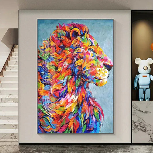 Oil Painting Handmade Hand Painted Wall Art Pop Cartoon Lion Animal Home Entryway Living Room Bedroom Luxurious Decoration Painting