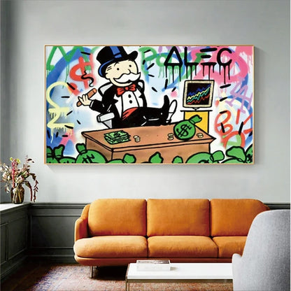 Hand Painted Oil Painting Street Oil Painting Wall Art Canvas Alec Monopoly Painting Street Art Modern Living Room Hallway Bedroom Luxurious Decorative Painting