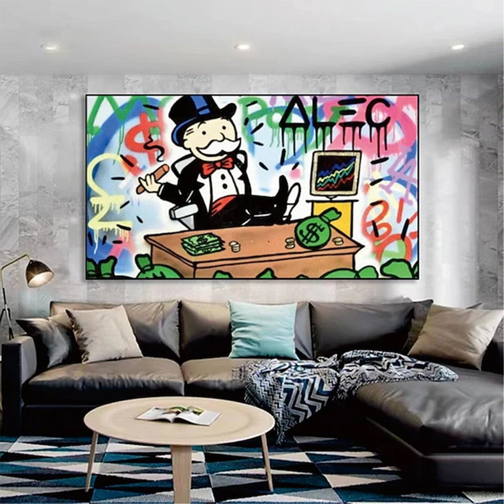 Hand Painted Oil Painting Street Oil Painting Wall Art Canvas Alec Monopoly Painting Street Art Modern Living Room Hallway Bedroom Luxurious Decorative Painting