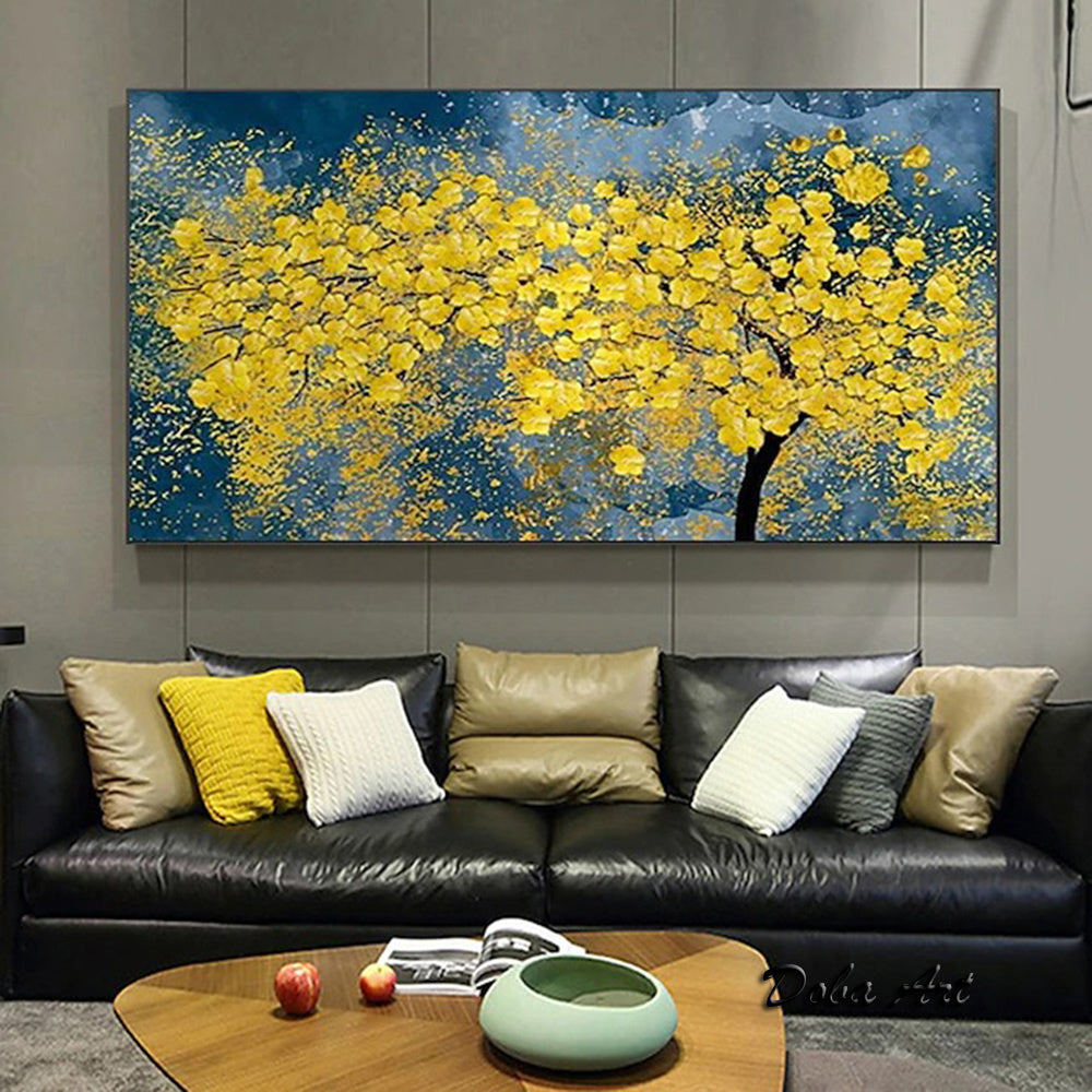 Modern Oil Painting Handmade on Canvas Golden Yellow Rich Tree Flower Plant Canvas Art Painting Canvas Home Living Room Bedroom Luxurious Decoration Painting