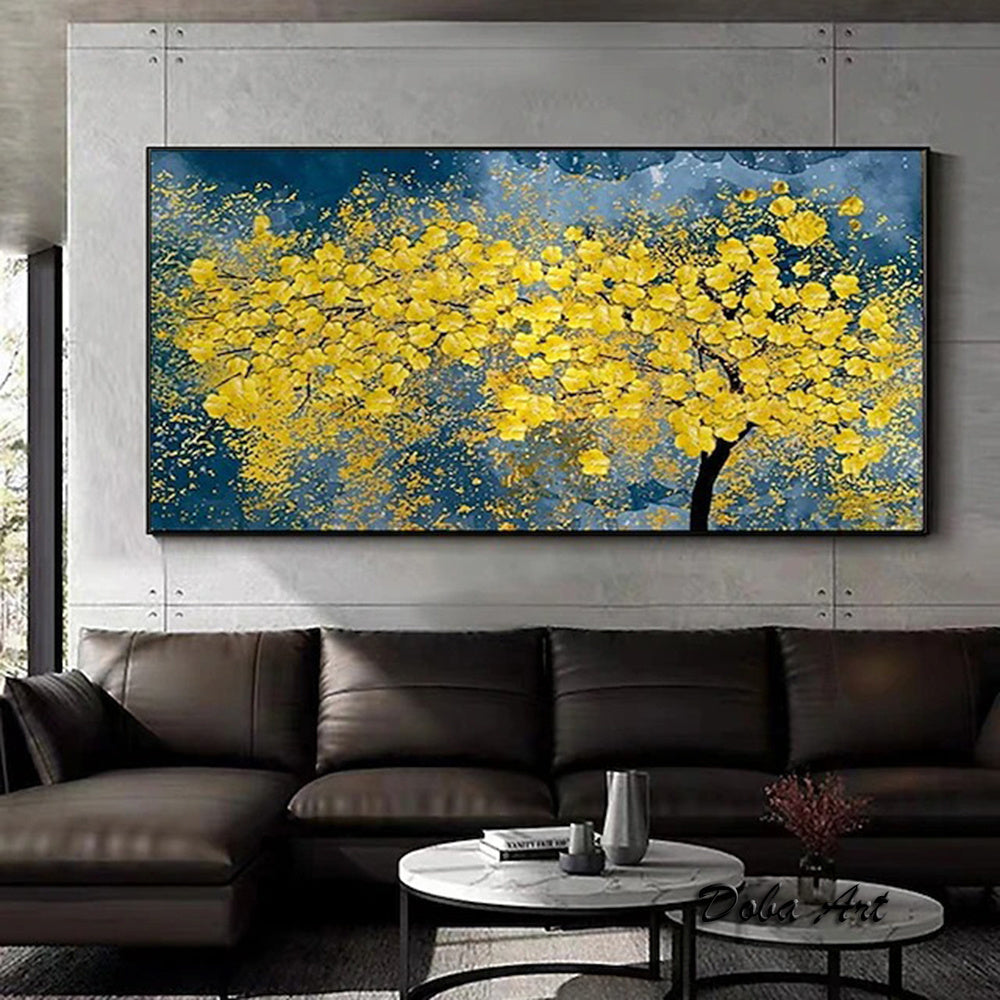 Modern Oil Painting Handmade on Canvas Golden Yellow Rich Tree Flower Plant Canvas Art Painting Canvas Home Living Room Bedroom Luxurious Decoration Painting