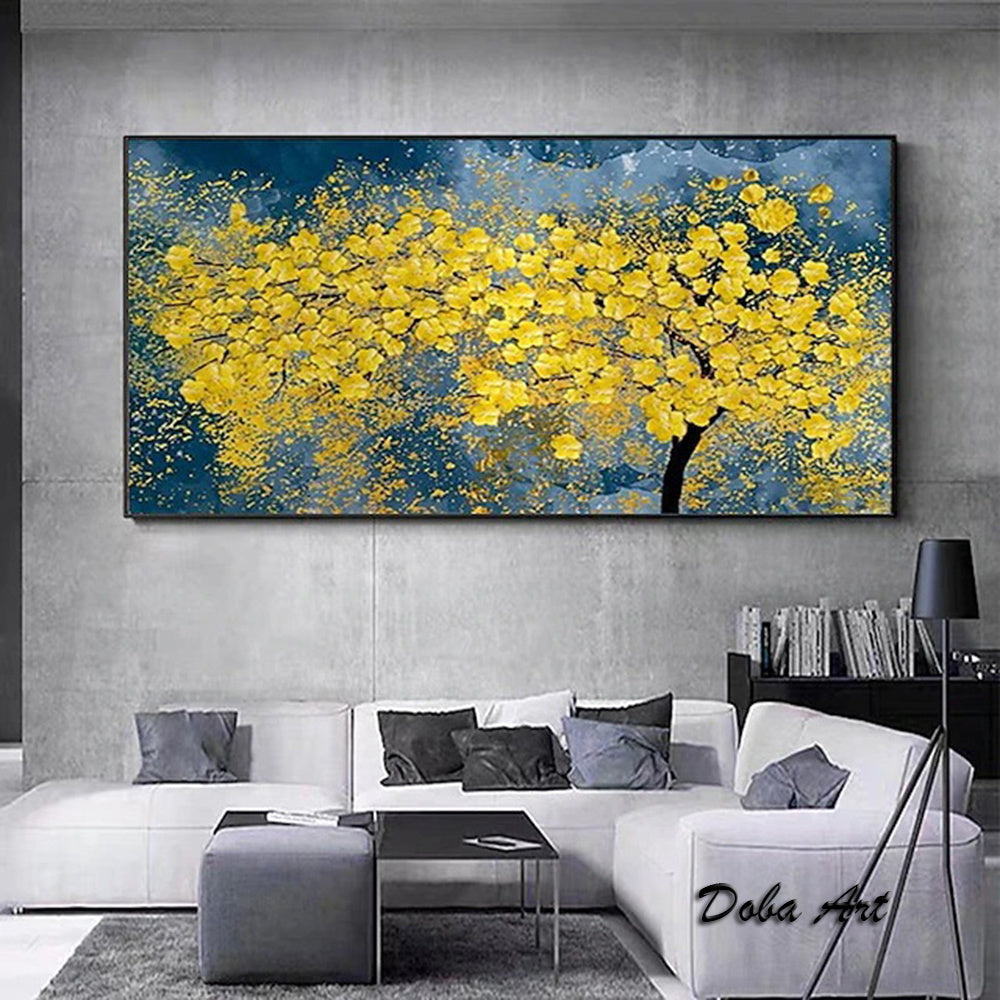 Modern Oil Painting Handmade on Canvas Golden Yellow Rich Tree Flower Plant Canvas Art Painting Canvas Home Living Room Bedroom Luxurious Decoration Painting