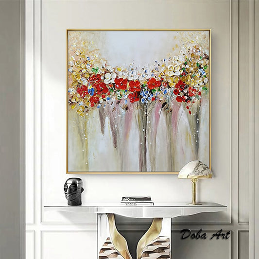 Oil Painting Hand Painted Square Still Life Floral / Botanical Modern Stretched Canvas Home Living Room Bedroom Luxurious Decoration Painting