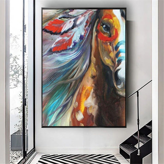 Hand Painted Oil Painting Abstract Oil Painting Camouflage Painting Art Horse Wall Art Picture Knife Canvas Acrylic Texture Colorful Animal Living Room Decor