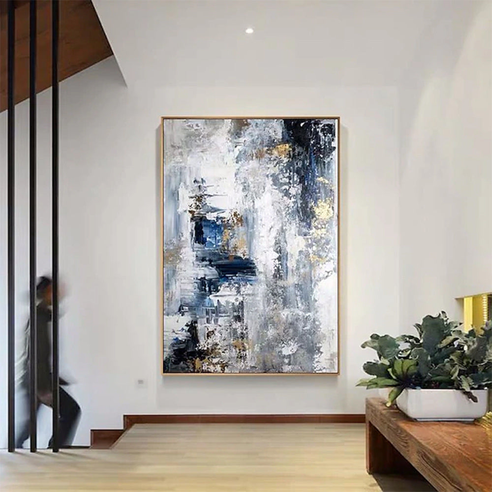 Hand Painted Oil Paintings Abstract Golden and Blue and White Landscape for Frameless Unstretched Painting Living Room Hallway Luxurious Decorative Painting