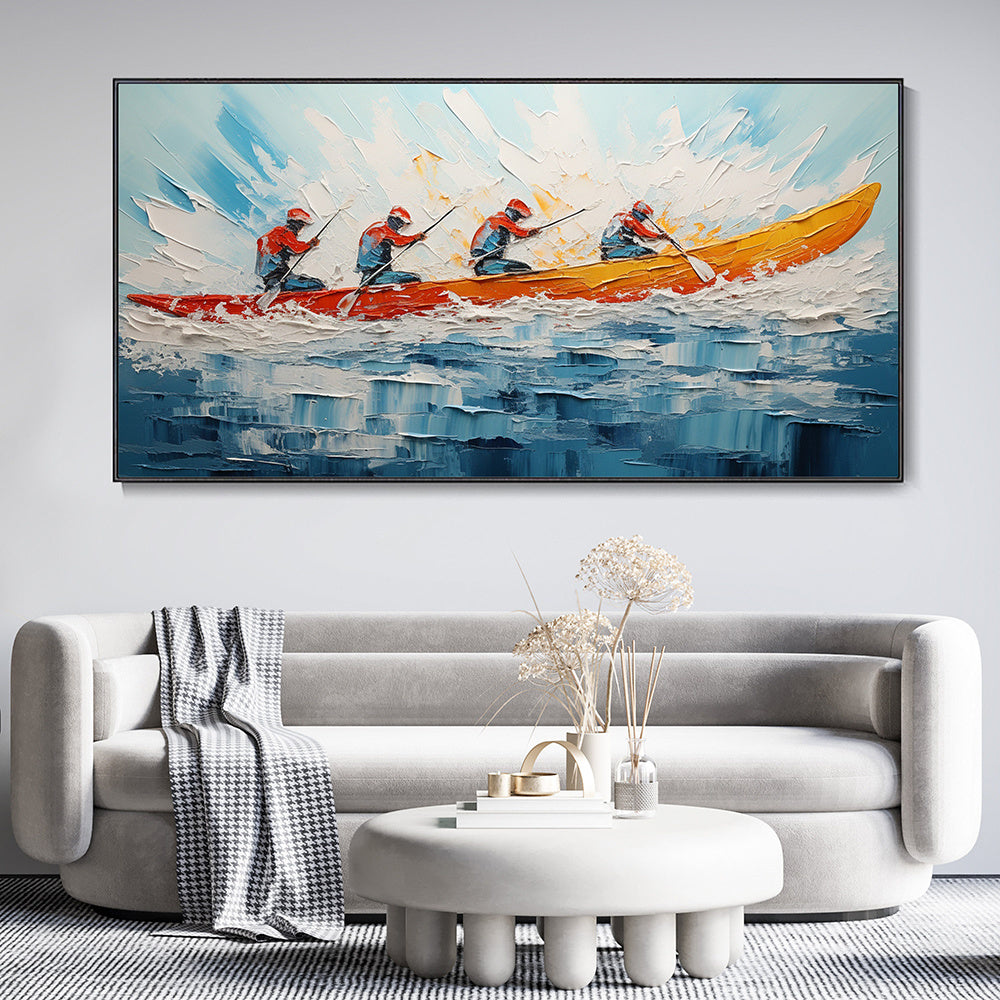 Hand Painted Oil Painting Original Kayaking Sports Wall Art Sea Surfing Landscape Art Large Blue Ocean Canvas Oil Painting 3D Textured Hand Knife Painting