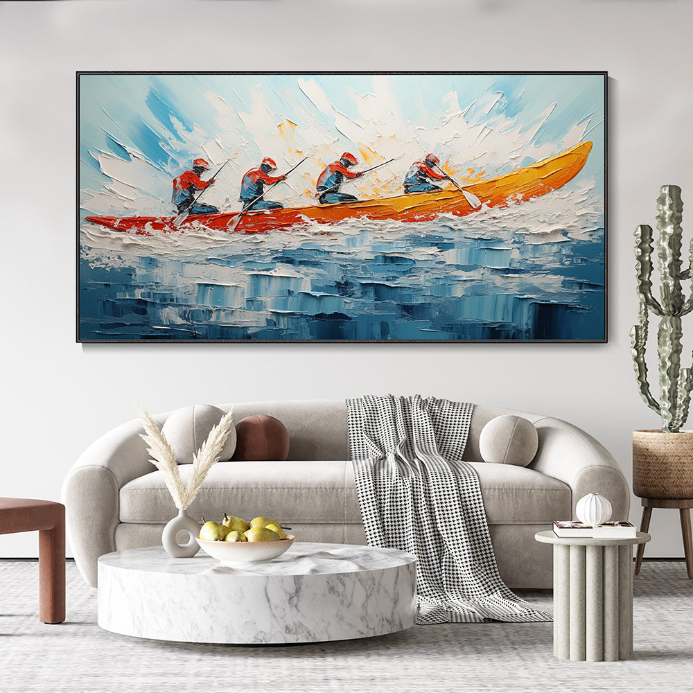 Hand Painted Oil Painting Original Kayaking Sports Wall Art Sea Surfing Landscape Art Large Blue Ocean Canvas Oil Painting 3D Textured Hand Knife Painting