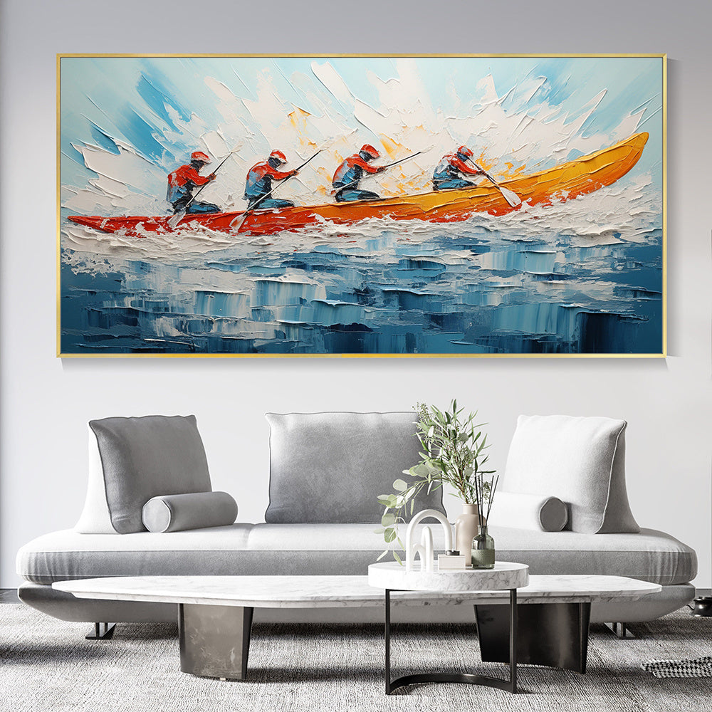 Hand Painted Oil Painting Original Kayaking Sports Wall Art Sea Surfing Landscape Art Large Blue Ocean Canvas Oil Painting 3D Textured Hand Knife Painting