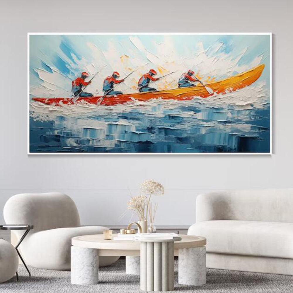 Hand Painted Oil Painting Original Kayaking Sports Wall Art Sea Surfing Landscape Art Large Blue Ocean Canvas Oil Painting 3D Textured Hand Knife Painting