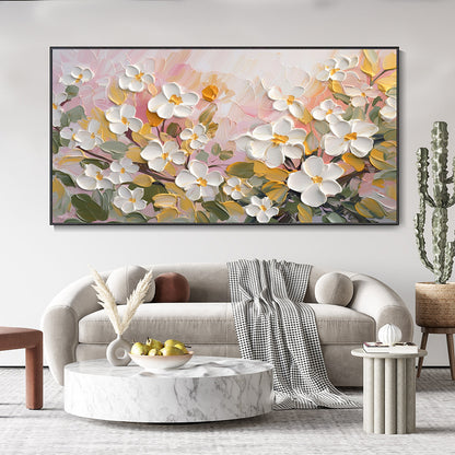 Hand Painted Oil Painting White Cherry Blossom Landscape Art 3D Floral Original Canvas Oil Painting Modern Green Plants Textured Wall Art Spring Decor