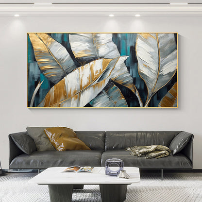 Hand Painted Oil Painting Gold Leaves Oil Painting on Canvas Original Modern Art Decor Abstract Green Plants Painting Bedroom Wall Decor Large Textured Wall Art