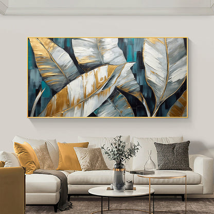 Hand Painted Oil Painting Gold Leaves Oil Painting on Canvas Original Modern Art Decor Abstract Green Plants Painting Bedroom Wall Decor Large Textured Wall Art