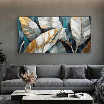 Hand Painted Oil Painting Gold Leaves Oil Painting on Canvas Original Modern Art Decor Abstract Green Plants Painting Bedroom Wall Decor Large Textured Wall Art