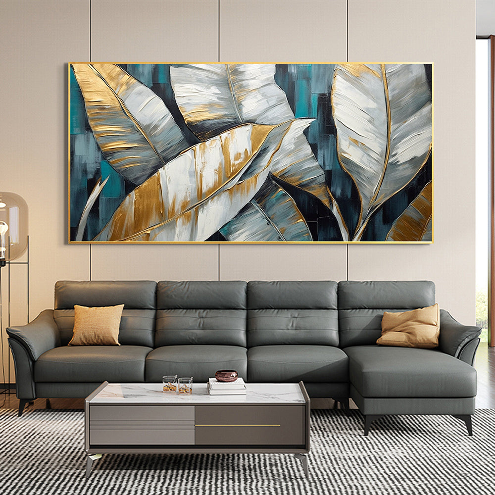 Hand Painted Oil Painting Gold Leaves Oil Painting on Canvas Original Modern Art Decor Abstract Green Plants Painting Bedroom Wall Decor Large Textured Wall Art