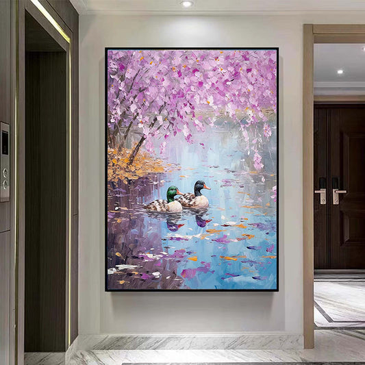 Hand Painted Oil Painting Seaonal Landscape Painting Spring Ducks Floral Painting Oversized Abstract Wall Art Living Room Wall Abstract Art Textured Canvas Art