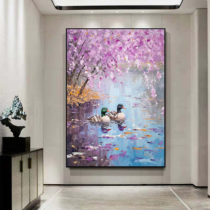 Hand Painted Oil Painting Seaonal Landscape Painting Spring Ducks Floral Painting Oversized Abstract Wall Art Living Room Wall Abstract Art Textured Canvas Art