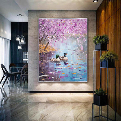 Hand Painted Oil Painting Seaonal Landscape Painting Spring Ducks Floral Painting Oversized Abstract Wall Art Living Room Wall Abstract Art Textured Canvas Art