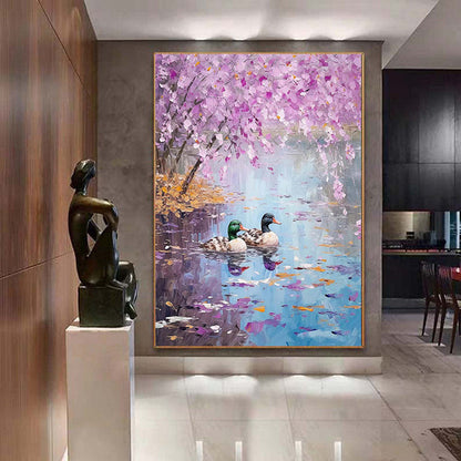 Hand Painted Oil Painting Seaonal Landscape Painting Spring Ducks Floral Painting Oversized Abstract Wall Art Living Room Wall Abstract Art Textured Canvas Art