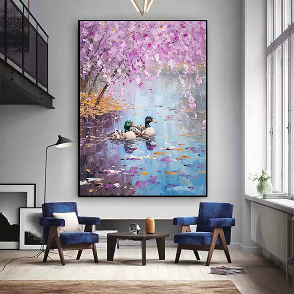 Hand Painted Oil Painting Seaonal Landscape Painting Spring Ducks Floral Painting Oversized Abstract Wall Art Living Room Wall Abstract Art Textured Canvas Art