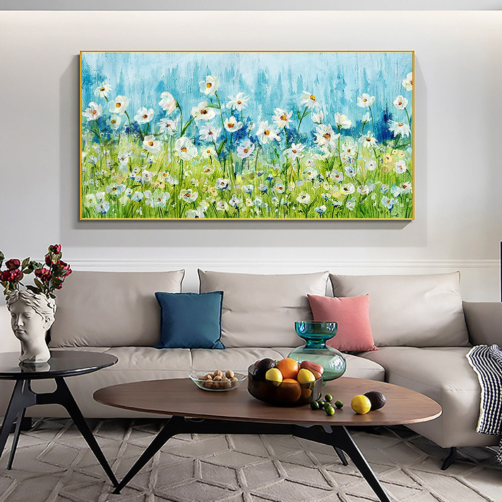 Hand Painted Oil Painting Original White Daisy Blue Landscape Oil Painting on Canvas Abstract Modern Blossom Floral Acrylic Painting Living Room Wall Art Home Decor