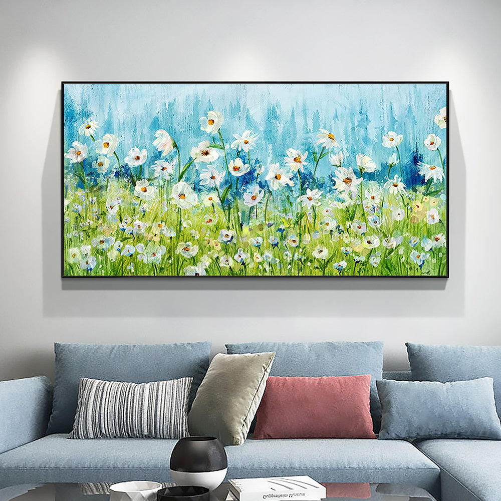 Hand Painted Oil Painting Original White Daisy Blue Landscape Oil Painting on Canvas Abstract Modern Blossom Floral Acrylic Painting Living Room Wall Art Home Decor