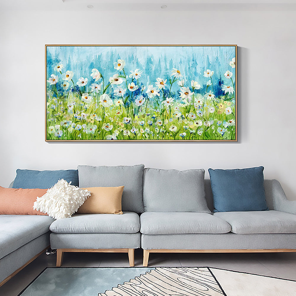 Hand Painted Oil Painting Original White Daisy Blue Landscape Oil Painting on Canvas Abstract Modern Blossom Floral Acrylic Painting Living Room Wall Art Home Decor