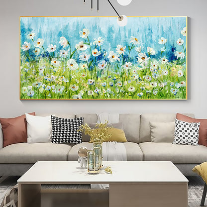 Hand Painted Oil Painting Original White Daisy Blue Landscape Oil Painting on Canvas Abstract Modern Blossom Floral Acrylic Painting Living Room Wall Art Home Decor