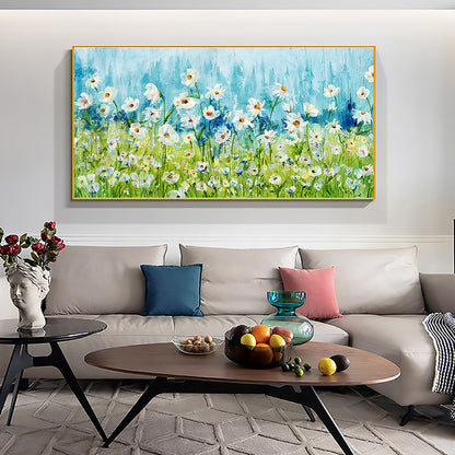 Hand Painted Oil Painting Original White Daisy Blue Landscape Oil Painting on Canvas Abstract Modern Blossom Floral Acrylic Painting Living Room Wall Art Home Decor