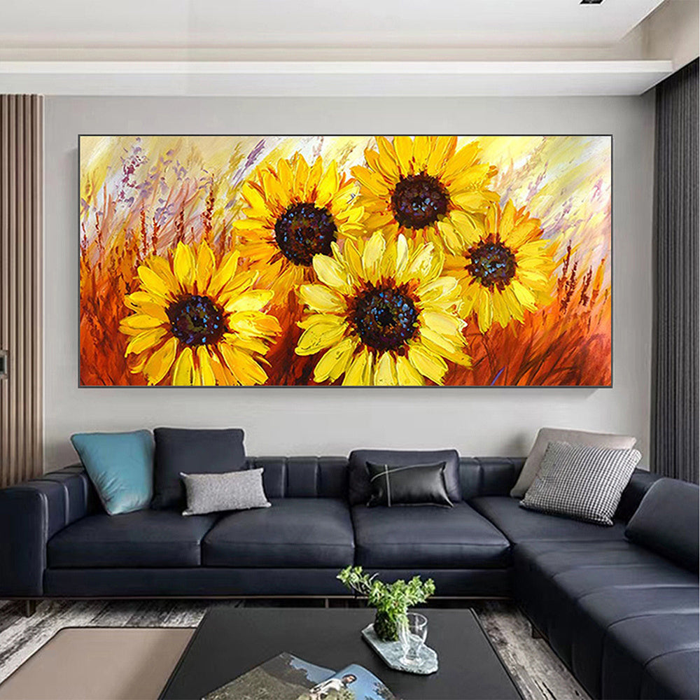 Hand Painted Oil Painting Abstract Sunflower Oil Painting on Canvas Large Wall Art Original Flower Landscape Art Yellow Floral Painting Modern Living Room Decor