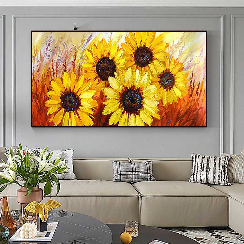 Hand Painted Oil Painting Abstract Sunflower Oil Painting on Canvas Large Wall Art Original Flower Landscape Art Yellow Floral Painting Modern Living Room Decor