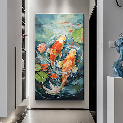 Hand Painted Oil Painting Original Carp Oil Painting on Canvas Large Wall Art Abstract Pond Scenery Wall Art Decor Modern Lotus Painting Living room Wall Decor