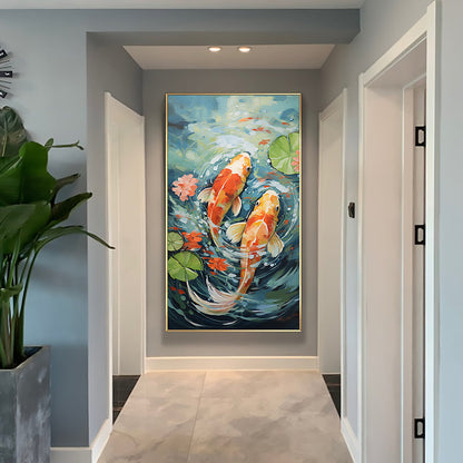 Hand Painted Oil Painting Original Carp Oil Painting on Canvas Large Wall Art Abstract Pond Scenery Wall Art Decor Modern Lotus Painting Living room Wall Decor