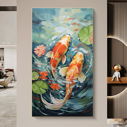 Hand Painted Oil Painting Original Carp Oil Painting on Canvas Large Wall Art Abstract Pond Scenery Wall Art Decor Modern Lotus Painting Living room Wall Decor