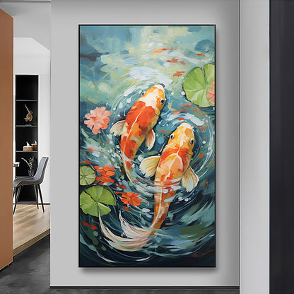 Hand Painted Oil Painting Original Carp Oil Painting on Canvas Large Wall Art Abstract Pond Scenery Wall Art Decor Modern Lotus Painting Living room Wall Decor