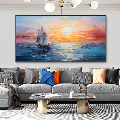 Hand Painted Oil Painting Boho Ocean Sunset Original Abstract Palette Knife Oil Painting Hand-Painted 3D Seaview Artwork Orange Sky Blue Sea Sailboat Voyage painting