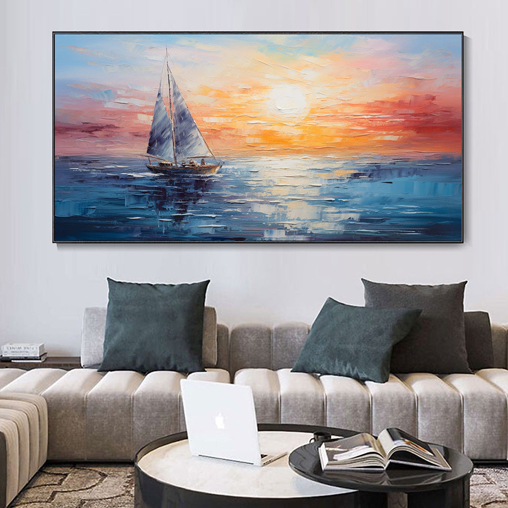 Hand Painted Oil Painting Boho Ocean Sunset Original Abstract Palette Knife Oil Painting Hand-Painted 3D Seaview Artwork Orange Sky Blue Sea Sailboat Voyage painting