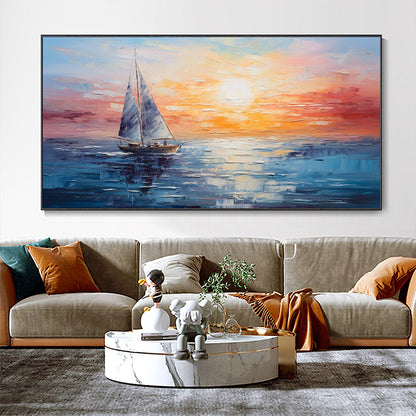 Hand Painted Oil Painting Boho Ocean Sunset Original Abstract Palette Knife Oil Painting Hand-Painted 3D Seaview Artwork Orange Sky Blue Sea Sailboat Voyage painting