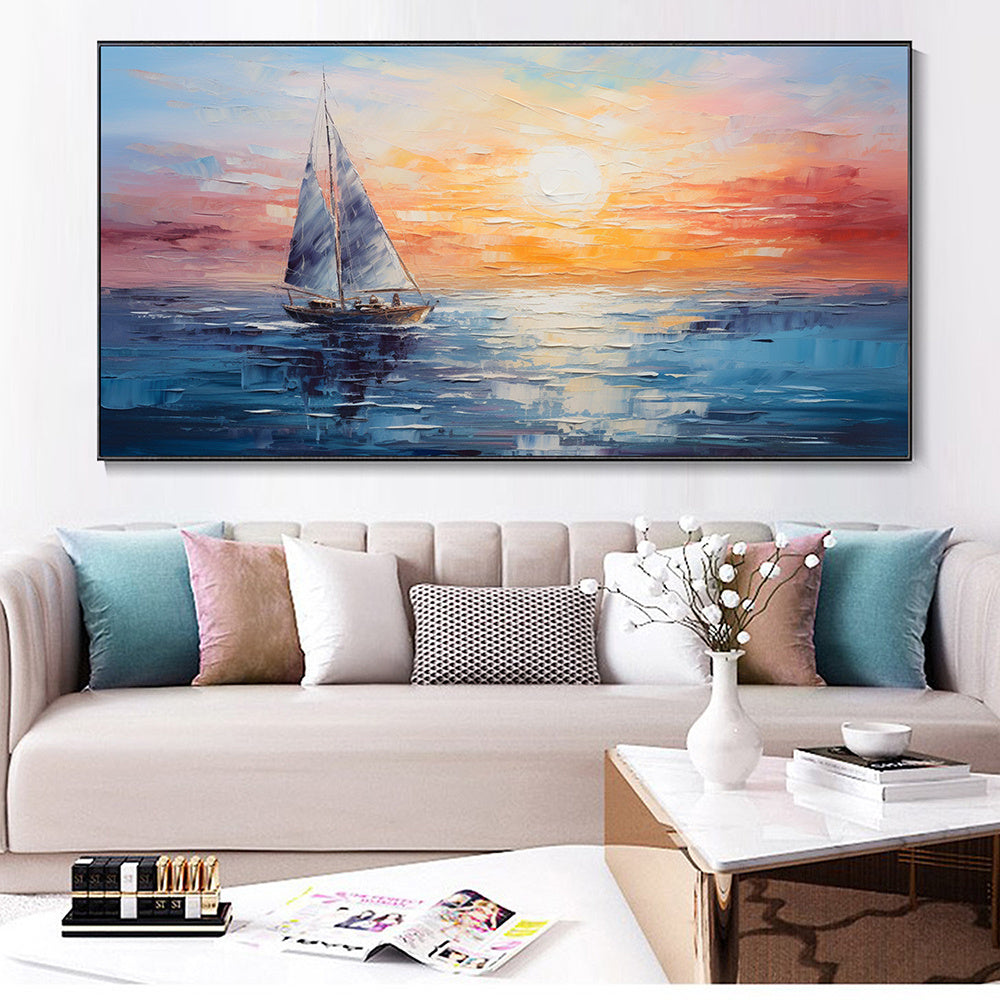 Hand Painted Oil Painting Boho Ocean Sunset Original Abstract Palette Knife Oil Painting Hand-Painted 3D Seaview Artwork Orange Sky Blue Sea Sailboat Voyage painting