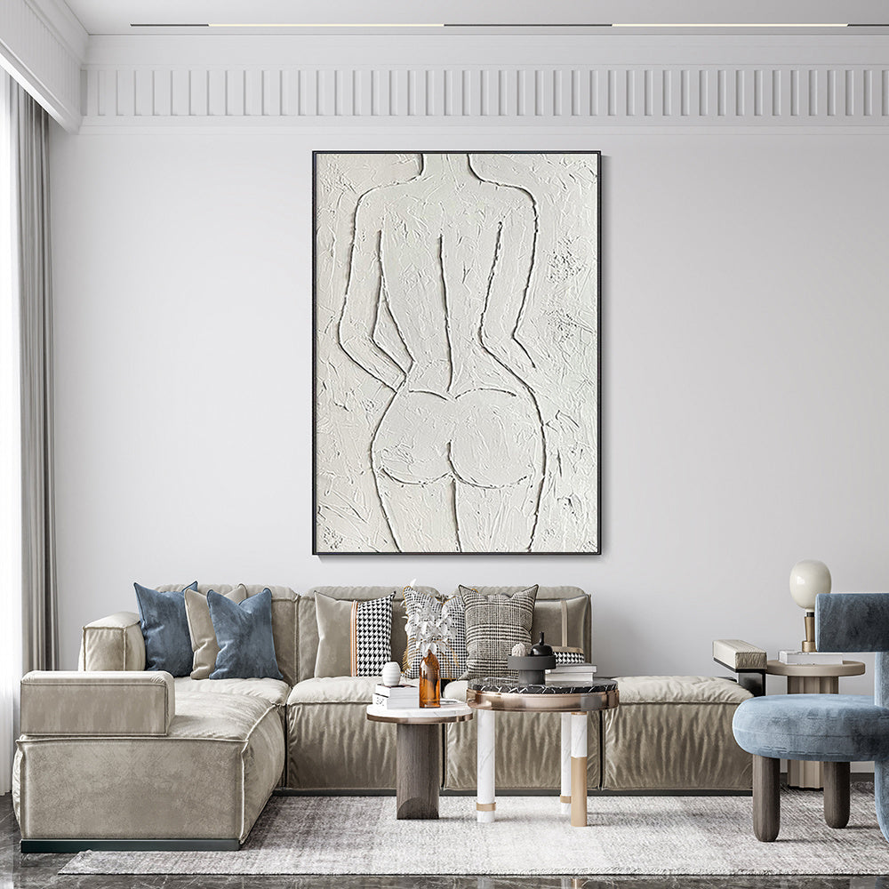 Hand Painted Oil Painting Female Power Portrait Art Woman's Body Original Minimalist Oil Painting White Textured Art Modern Wall Art Fashionable Wabi-Sabi Wall Art