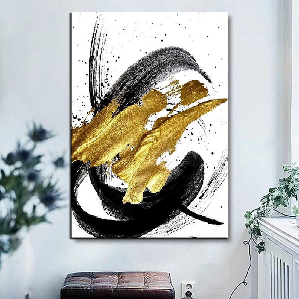 Hand Painted Oil Painting Black Gold Nordic Fashion Pop Abstract-Hand-Painted- Oil Painting Handmade- Wall Art Hand Paint - For Home Decoration