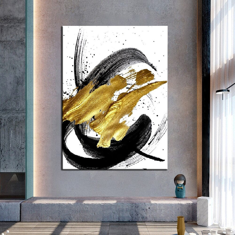 Hand Painted Oil Painting Black Gold Nordic Fashion Pop Abstract-Hand-Painted- Oil Painting Handmade- Wall Art Hand Paint - For Home Decoration